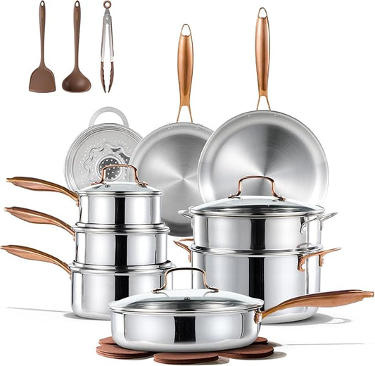 CAROTE 23PCS Tri-Ply Fully Clad Stainless Steel Cookware Set, Pots and Pans Set with Tempered Glass Lids, Induction Compatible, Oven & Dishwasher Safe