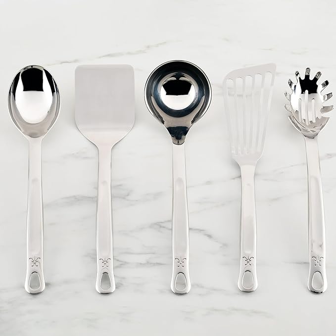 Hestan Provisions Chef's Tools, Essential Set (5-Piece), Stainless Steel Solid Spoon, Ladle, Pasta Fork, Turner/Spatula, Fish Spatula