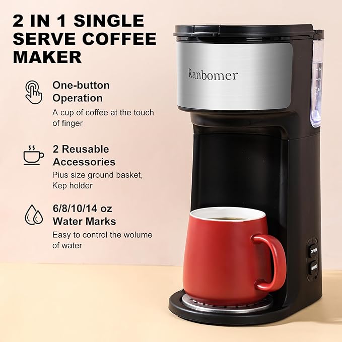 K Cup Coffee Maker, Single Serve coffee machine or Ground Coffee Machine 2 in 1, 6 to 14 Oz Brew Sizes, Mini One Cup Coffee Maker with Self cleaning Function, Fits Travel Mug Black