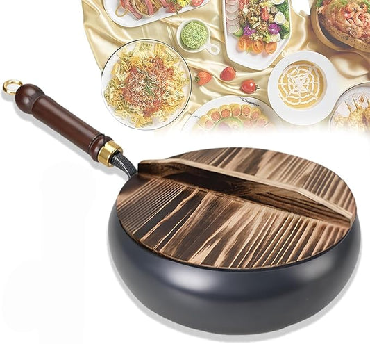 Cast Iron Skillet, Uncoating Cast Iron Pot, Japanese Hand-Forged Non-Stick Ironpan, Hand Forged Frying Pan with Lid and Wooden Handle, for Gas Stoves Induction Hobs (Wooden Lid)