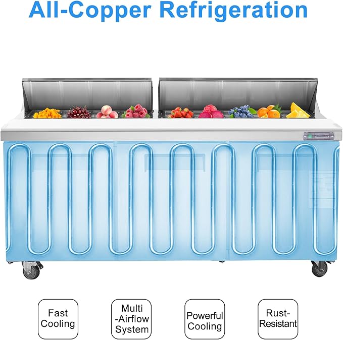 JINSONG 72" Commercial Refrigerator Sandwich Prep Table, 3 Door Salad Bar Buffet Station, Stainless Steel Refrigerated Food Prep Table with Cutting Board & 18 Pans for Restaurant Deli Bar
