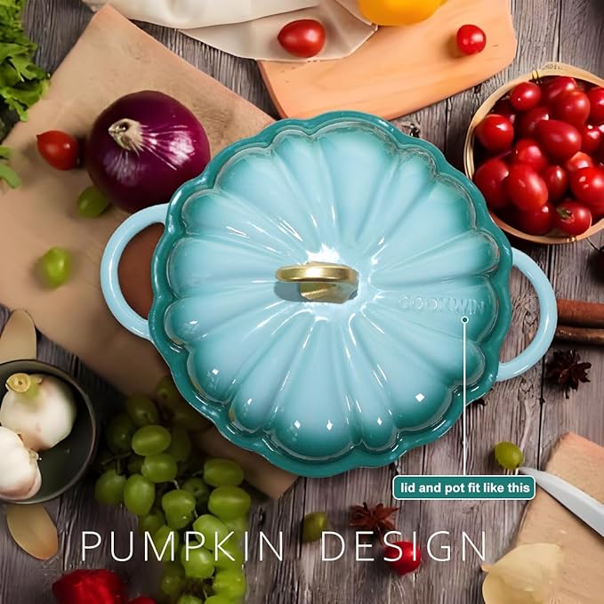 Pumpkin Enameled Cast Iron Dutch Oven with Lid, 4.5 QT Dual Handles and Heavy Duty Pot, Oven Safe up to 500°F for Bread Baking, Braising, Cooking and Family Gifts, Cyan