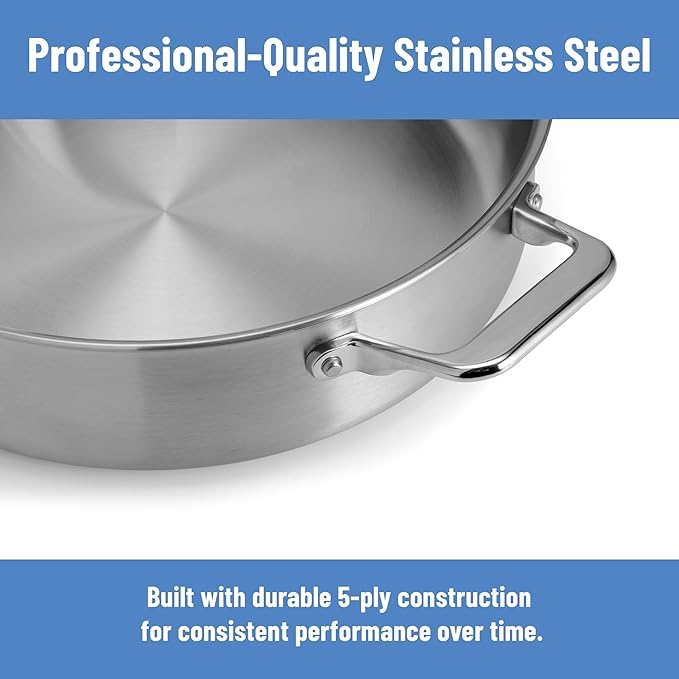 Misen 5-Ply Stainless Steel Sauté Pan with Lid - Versatile, Durable, Dishwasher and Oven Safe - Even Heating, Ergonoic Stay-Cool Handle - For Searing, Braising, and More - 3 QT