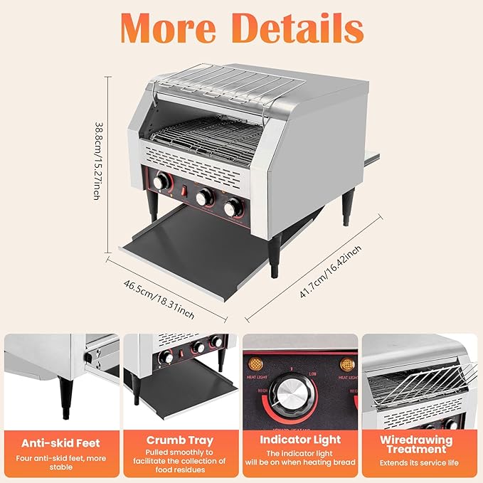 150/450 Slices/Hour Commercial Conveyor Toaster, Stainless Steel Heavy Duty Industrial Bread Baking Machine w/ 3 Ring Heating Tubes for Baking Sliced Bread, Toast (2600W(TT-450L))