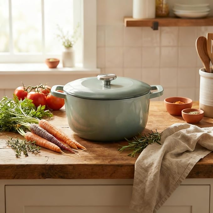 5QT Enamel Cast Iron Dutch Oven with Lid,Dual Handles,Versatile Heavy-Duty Non-toxic Cookware for Sourdough Bread Baking,Braising,Stews,Roasting,Oven Safe up to 500°F green