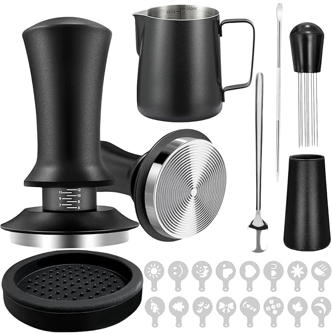 22 PCS Espresso Accessories Kit，53mm Coffee Tamper Set ，Barista Kit - with Frothing Pitcher WDT Tool Stirrer Tamper Mat Coffee Stencils Latte Art Pen Fits for54mm Portafilters