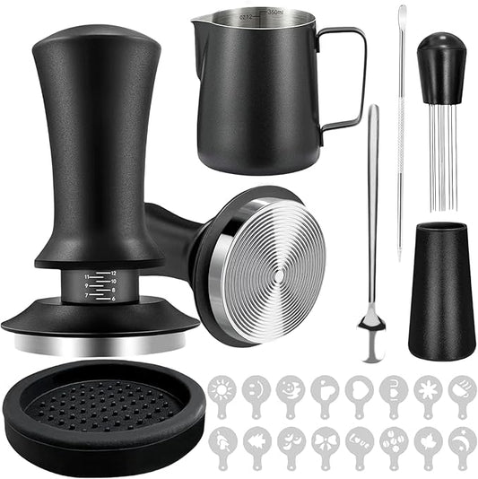 Gmnuiy22 PCS 51mm Coffee Tamper ，Espresso Accessories，Barista Kit with Espresso Tamper ，Frothing Pitcher，WDT Tool，Coffee Stirrer，Tamper Mat ，Coffee Stencils ， Latte Art Pen
