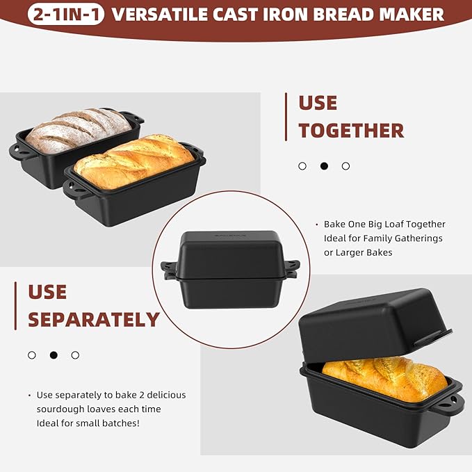 9×5 Inch Cast Iron Loaf Pan with Lid, 2-in-1 Bread Baking Pans for Homemade Bread, Pre-Seasoned | Even Heat Distribution, 2 Piece Set