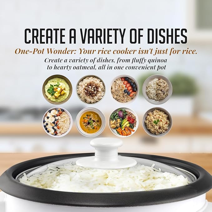 OVENTE Electric Rice Cooker and Food Steamer – 10-Cup Cooked Capacity (5 Cups Uncooked), Nonstick Removable Pot, Keep Warm Function, Steaming Basket, Measuring Cup & Spatula Included, White RCS01W