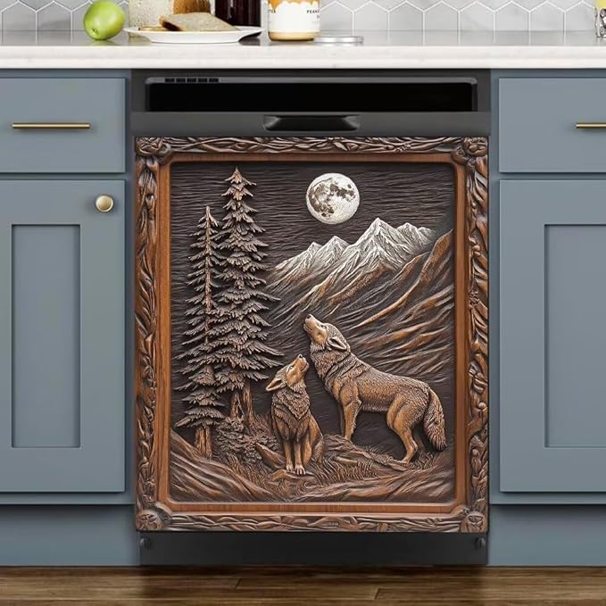 Dishwasher Magnet Cover, Wolf Howling at Moon Mountain Scene Refrigerator Magnetic Vinyl Sticker for Dishwasher Door, Decorative Kitchen Appliance Panel Decal, 23Wx26H Inches