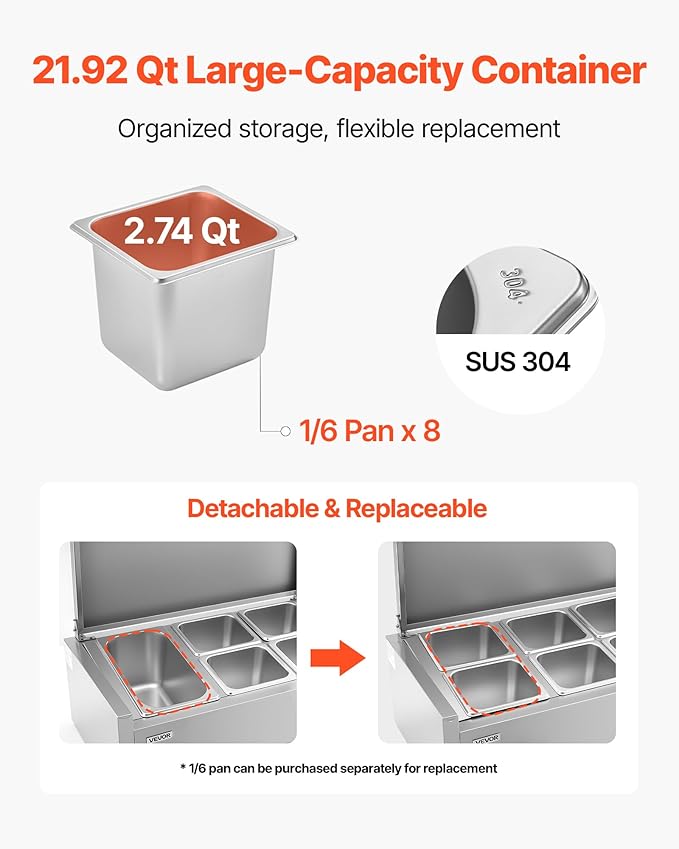 VEVOR Refrigerated Condiment Prep Station, 150 W Countertop Refrigerated Condiment Station, with Eight 1/6 Pans, 304 Stainless Body and PC Lid, Sandwich Prep Table, for Restaurant & Food Stall