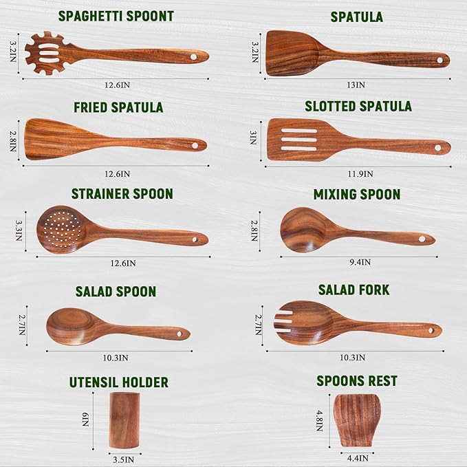 Wooden Spoons for Cooking, Natural Teak Wooden Utensils Set, 10 Piece Handmade Wood Kitchen Utensil Set with Holder and Spoon, Durable Nonstick Kitchen Cookware Tool