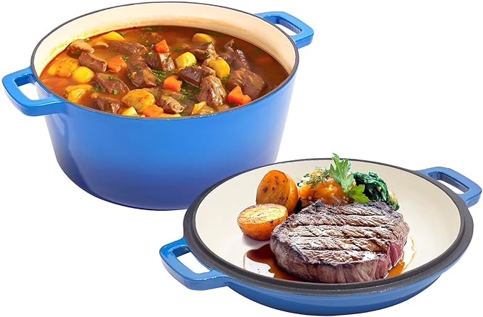 2 in 1 Enameled Cast Iron Dutch Oven Pot 6QT with 2QT Lid - Big Dual Handles - Oven Safe up to 500°F - Classic Round Pot for Versatile Cooking Blue