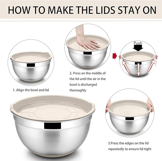P&P CHEF Mixing Bowls with Lids Set of 5, Stainless Steel Nesting Salad Bowl with Lid & Base for Non-slip Mixing Prepping Storing Serving, 5 Sizes-7/3.5/2.5/1.5/1 QT, Khaki