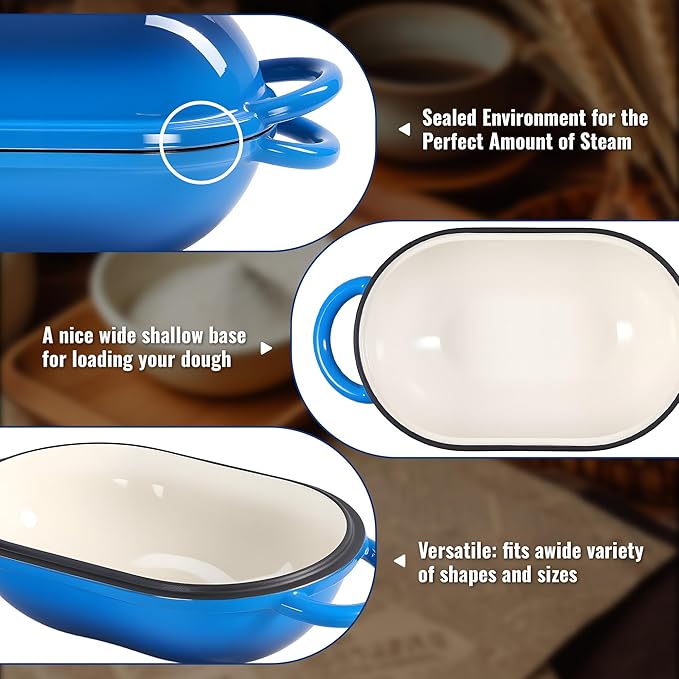 2 QT Oval Dutch Oven for Bread Baking, Enamelled Cast Iron Bread Oven for Sourdough, Sourdough Loaf Pan with Lid, Heavy-Duty Non Stick Bread Pan for Homemade Bread Baking, Blue