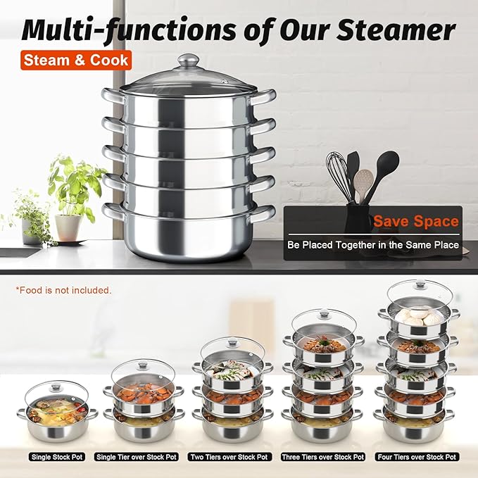 5-Tier Stainless Steel Steamer, 14.37 x 15.55 inch 30cm stainless steamer for cooking overlapping Multi-Functions Domestic Commercial Large Steamer with Transparent Pot Lid & Handles