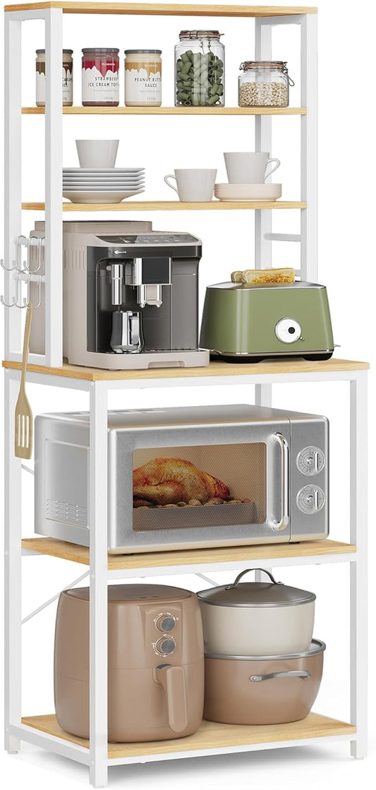 VASAGLE Coffee Bar, 23.6 Inches Baker's Rack for Kitchen with Storage, 6-Tier Kitchen Shelves with 6 Hooks, Microwave Stand, Modern, Golden Oak and Cloud White UKKS024W09