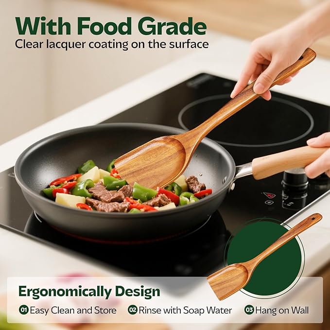 ANBUY 6 Pcs Wooden Kitchen Utensil Set, Wooden Spoons for Cooking, Heat Resistant BPA Free Wood Turner Wok Spatulas & Ladle Set, Skimmer Strainer for Spaghetti, No Scratch & No Stick for Cookware