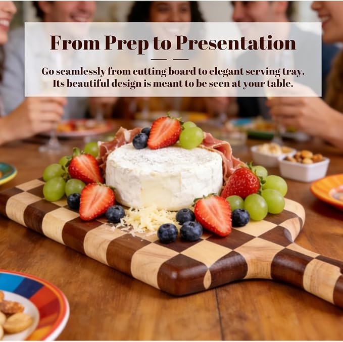 Checkered Rectangular Cutting Board with Handle for Kitchen, 15"L x 7"W x 1" Thick – Wooden Chopping & Charcuterie Serving Board in Acacia Wood for Meat, Bread, Fruit & Vegetables