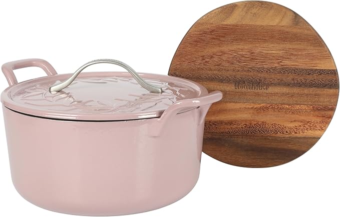 Bloomhouse 7 Qt Cast Iron Dutch Oven W/Embossed Lid, European Enamel, & Walnut Wood Trivet - Orchid Pink