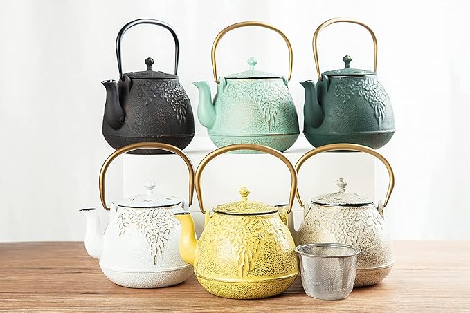 TOPTIER Japanese Cast Iron Tea Kettle with Stainless Steel Infuser, Cast Iron Teapot Stovetop Safe, Leaf Design Teapot Coated with Enameled Interior, 32 Ounce (950 ml), Turquoise Blue