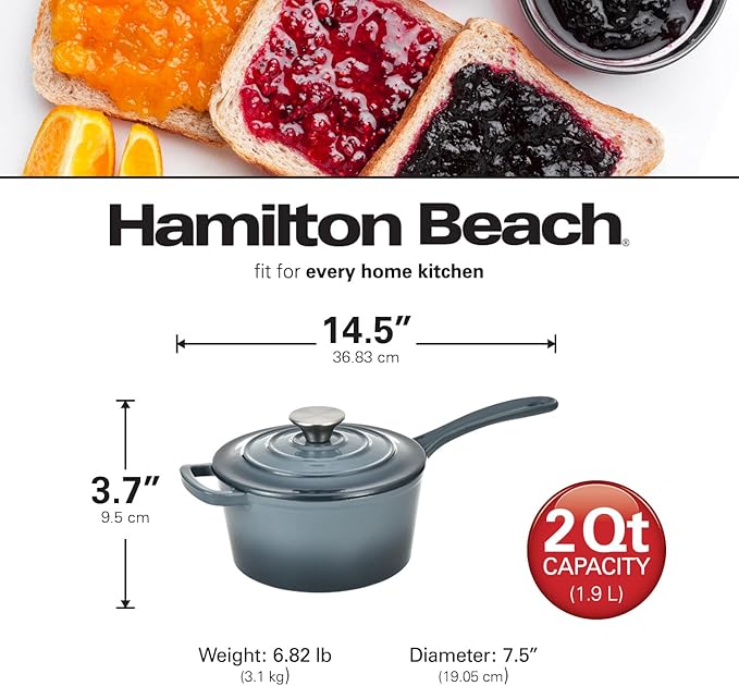 Hamilton Beach Enameled Cast Iron Sauce Pan 2-Quart Slate, Cream Enamel coating, Pot For Stove top and Oven Cooking, Even Heat Distribution, Safe Up to 400 Degrees, Durable