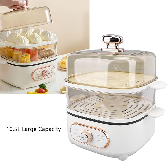 1200W Electric Food Steamer, 10.5L 2 Tier Steamer Pot, Steaming Cookware with 10.5L Stackable Baskets and 2.5L Electric Hot Pot, Vegetable Steamer Cooking Pot for Vegetables (US