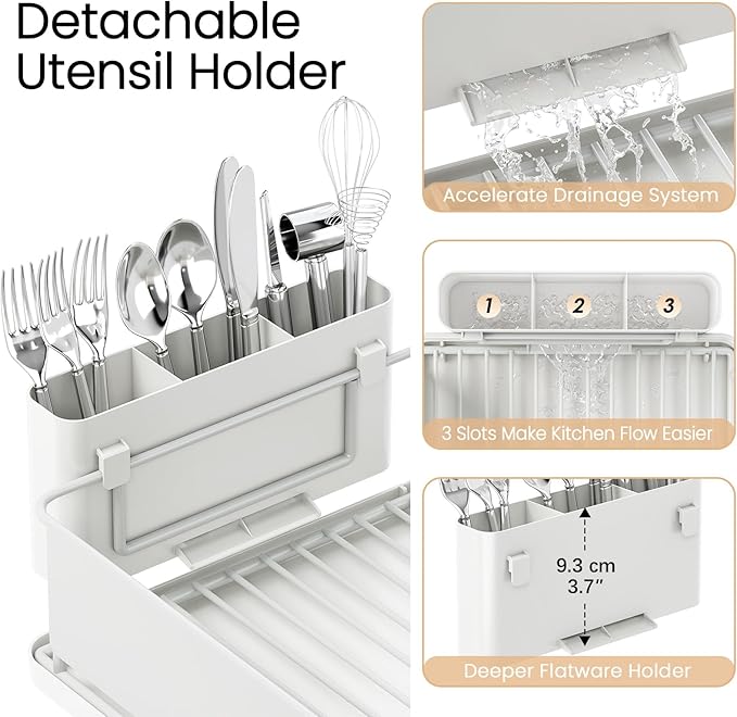 Dish Drying Rack Large Capacity - Stainless Steel Dish Rack for Kitchen Counter with Drain Board, Rustproof Dish Drainer with Auto Drain Spout, Utensil Holder & Glass Holder, Dinnerware Organizer