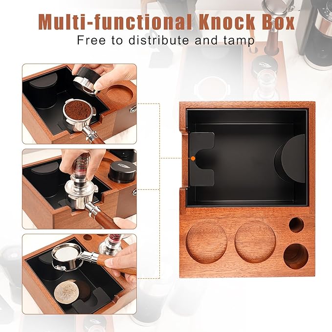 IKAPE 51/53/54/58mm Espresso Knock Box, Sandywood Coffee Station, Tamper Tools, Distributor, Portafilter & Puck Screen Accessories, Natural Sandywood Station Base