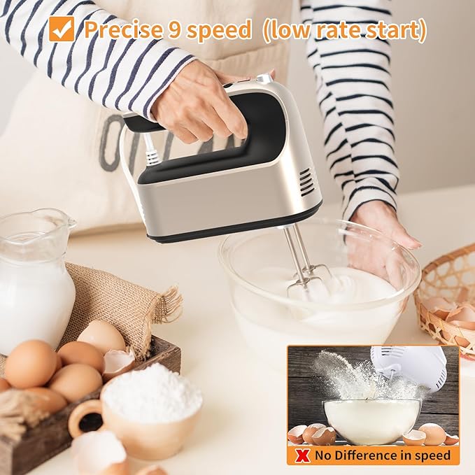 9-Speed Digital Hand Mixer Electric, 400W Powerful DC Motor, Hand Mixer Electric Handheld with Snap-On Storage Case, 5 Stainless Steel Accessories, Beaters, Dough Hooks, Whisk(Champagne Gold)