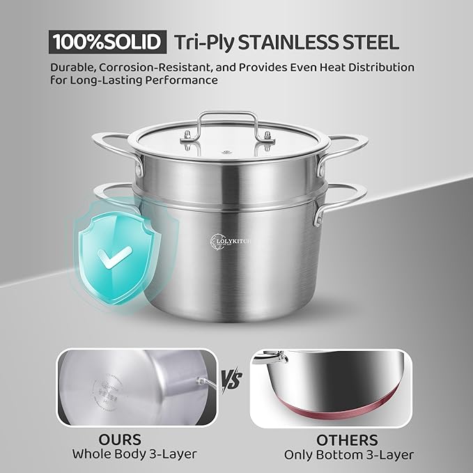 LOLYKITCH Tri-ply Stainless Steel 5 QT Stock Pot with Steamer,Induction Cooking Pot,Pots and Pans,Heavy Duty,Dishwasher and Oven Safe.