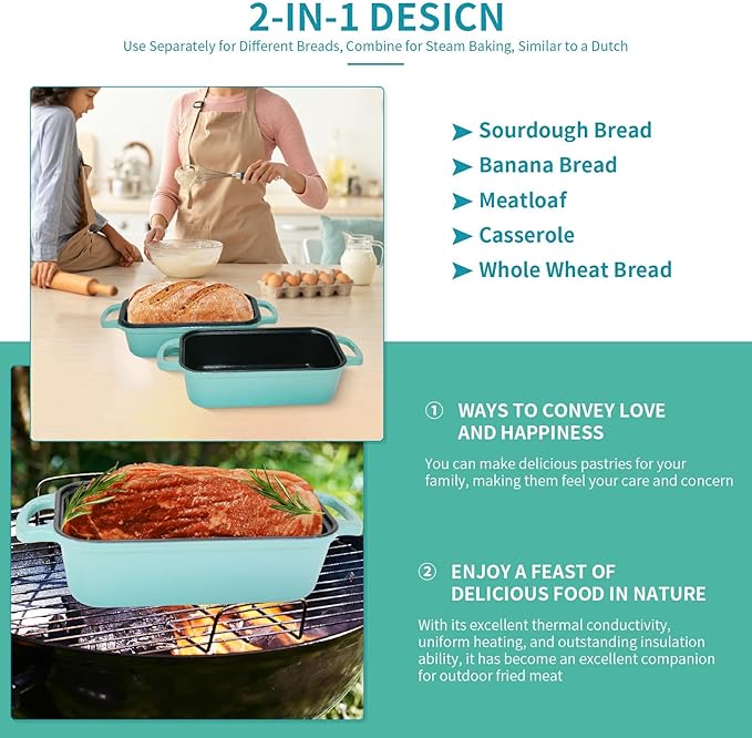 Blisswave Cast Iron Bread Pan with Lid - 2-in-1 Dual Set, Includes 2 Bread Mats - Bread Baking Pan for Homemade Bread, Cakes, Patties - Even Heating - 2-Piece Set (Lake Blue)