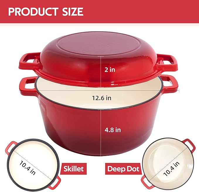 2 in 1 Enameled Cast Iron Dutch Oven Pot 6QT with 2QT Lid - Big Dual Handles - Oven Safe up to 500°F - Classic Round Pot for Versatile Cooking Red