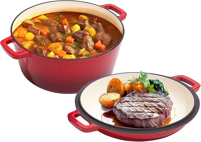 2 in 1 Enameled Cast Iron Dutch Oven Pot 6QT with 2QT Lid - Big Dual Handles - Oven Safe up to 500°F - Classic Round Pot for Versatile Cooking Red