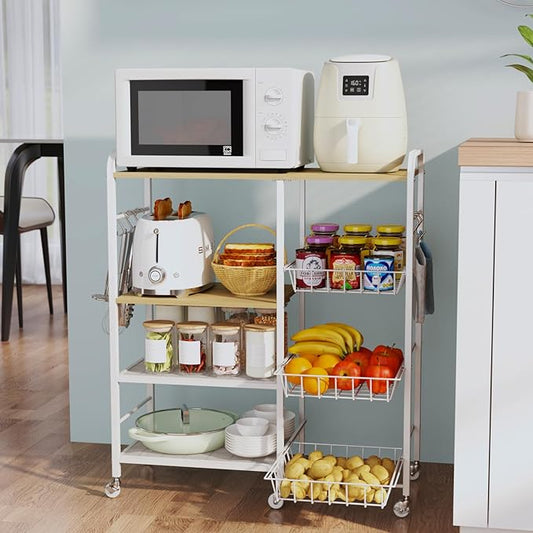 HapiRm Rolling Kitchen Microwave Cart - 4 Tier Microwave Table Stand with Pull-Out Baskets, Coffee Bar Baker's Rack with Wheels Rolling Storage Cart Organizer Shelf for Living Room Office, Balcony