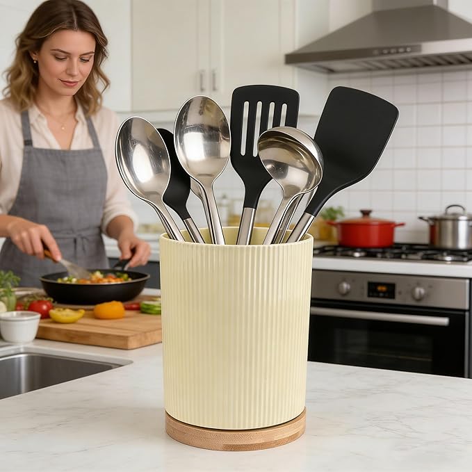 QUELIEN 360° Rotating Ceramic Utensil Crock - Large Kitchen Counter Organizer with Cork Base, Elegant Home Decor for Cooking Tools, Housewarming,Mothers Day & Christmas Gift Ideas (Cream Yellow)