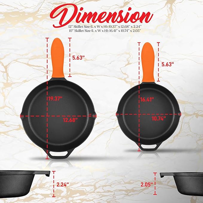NutriChef 10" & 12" Pre-Seasoned Cast Iron Pans - Durable Nonstick Skillets, Cool-Touch Silicone Handle, For Oven, Grill & All Stovetops