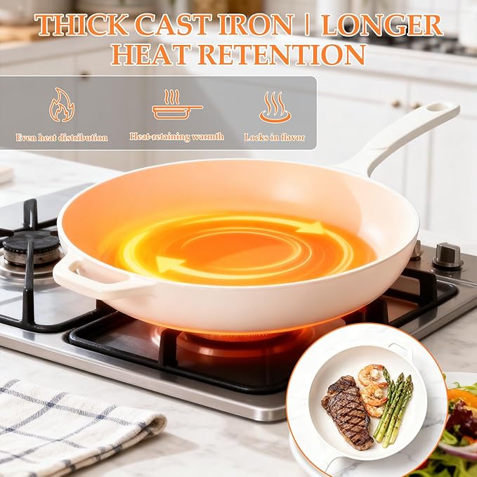 Hisencn Cast Iron Skillets,11 Inch Ceramic Frying Pan,Nonstick Frying Pan Without PFAS & PTFE & PFOA,Dishwasher & Oven Safe,Enameled Cast Iron Skillet For Gas/Electric Stovetop