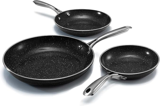 Granitestone Ceramic Nonstick Frying Pan Set 3pc 8/10/12 inch, Non Toxic Skillet Set, Induction Compatible, PFOA Free, Oven & Dishwasher Safe - Black