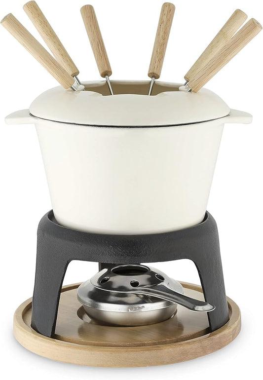 Twine Cast Iron Fondue Set with Metal Stand and Forks, Chocolate Melting Pot, Cheese Fondue Kit Set, Hosting Essentials 8.5", Off-Cream