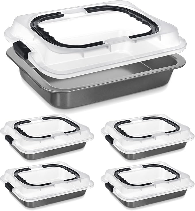 Qinyoung 4 Pcs Cake Baking Pan with Lid and Handle, 9 x 13 Inch Non-stick Rectangle Sheet Cake Pan Carrier for Brownie Roasting Cooking Baking (Black Gray)