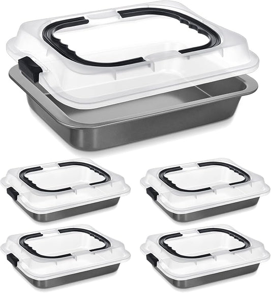 Qinyoung 4 Pcs Cake Baking Pan with Lid and Handle, 9 x 13 Inch Non-stick Rectangle Sheet Cake Pan Carrier for Brownie Roasting Cooking Baking (Black Gray)