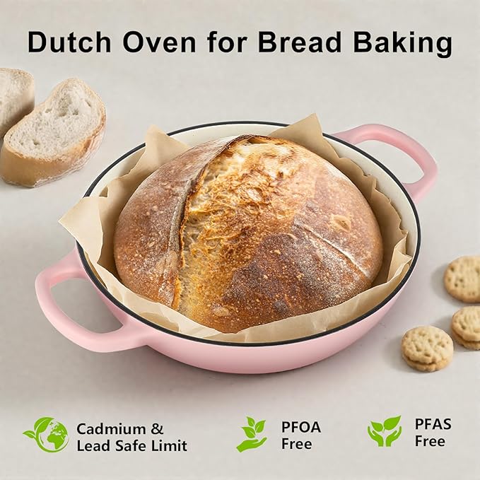 6QT Bread Dutch Oven Pot with Lid, Enameled Cast Iron Dutch Oven for Sourdough Bread Baking, Roasting, Stewing and Soup, Non-Stick Enamel Cookware for Oven/Stovetop, Perfect for Homemade Bread, Pink