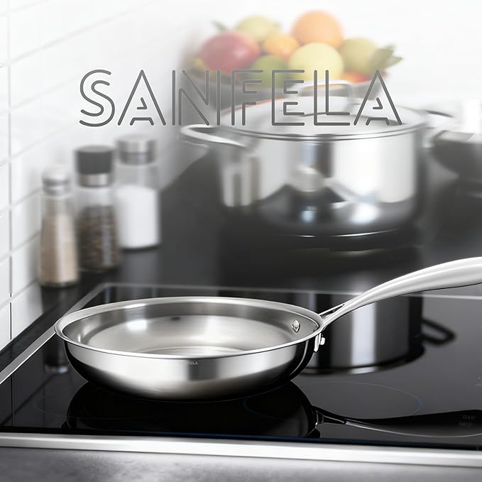 8 Inch Stainless Steel Frying Pan, 5-Ply Stainless Steel Pan, Dishwasher and Oven Safe, Induction Pan, Even Heat Distribution