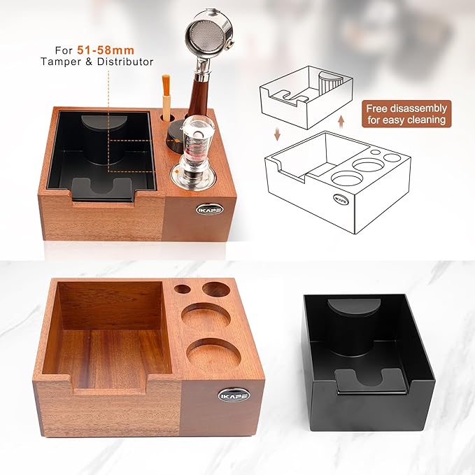 IKAPE 51/53/54/58mm Espresso Knock Box, Sandywood Coffee Station, Tamper Tools, Distributor, Portafilter & Puck Screen Accessories, Natural Sandywood Station Base