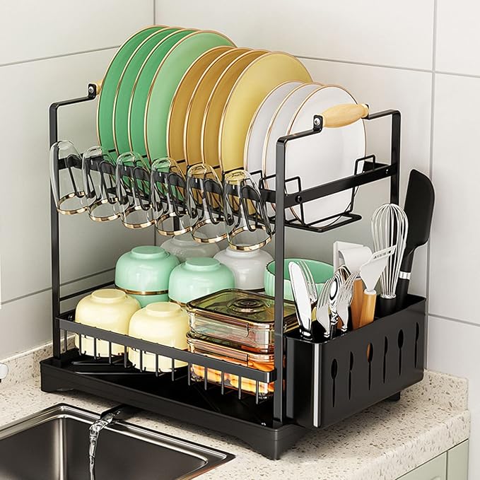 Large Dish Drying Rack, Multifunctional 2-Tier Dish Rack for Kitchen Counter, Anti-Rust Drying Dish Rack with Cutlery and Cup Holders for Various Kitchenware, Black