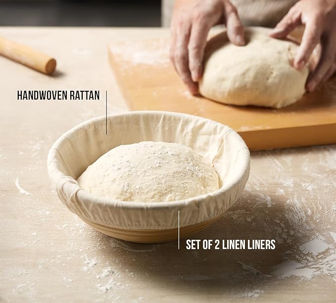 Kook Banneton Bread Proofing Baskets, Artisan Sourdough Bread Making Baskets, 9 Inch Handwoven Rattan Baskets and Cloth Liners, Set of 2, Round