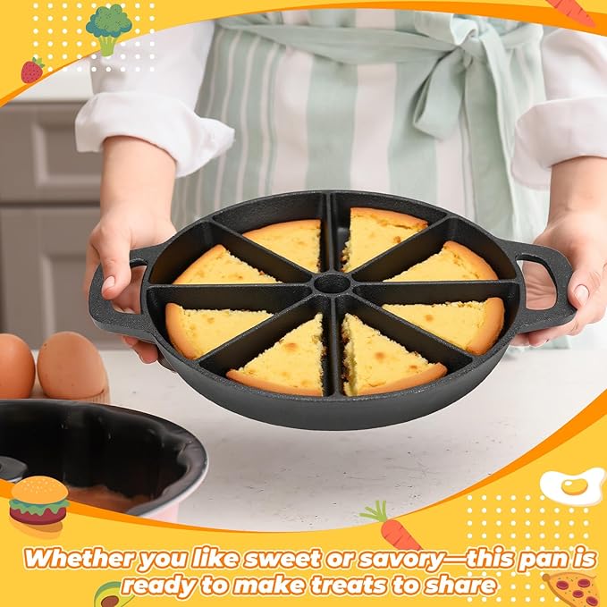Tioncy 2 Pcs Cast Iron Biscuit Pan Cast Iron Muffin Seasoned Mini Cake Scone Donut Pie Pan for Baking, Egg, Corn Bread, Cupcakes & Dessert (Wedge Style)