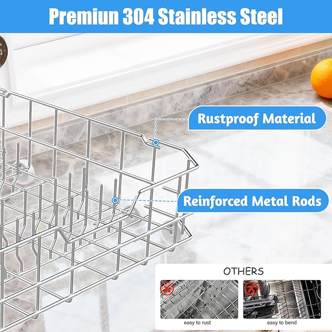 UPGRADED WD28X10384 Dishwasher Lower Rack(SS304) for General Electric GE Dishwasher Racks GLD4560N10SS GLD5660R00SS GLD5660V00SS,WD28X10165/6 WD28X10309 Lower Dishrack Assembly with Roller Wheels
