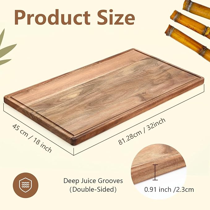 32" x 18" Large Acacia Wood Cutting Boards for Kitchen Wooden Cutting Board with Juice Groove Extra Large Serving Platter Carving Tray for Meat Cheese(Natural)
